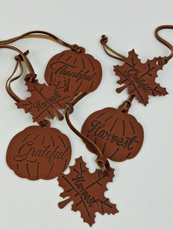 Unbranded Other - Fall-Themed 3" Faux Leather Tags Maple Leaf & Pumpkin Shapes Grateful Thankful